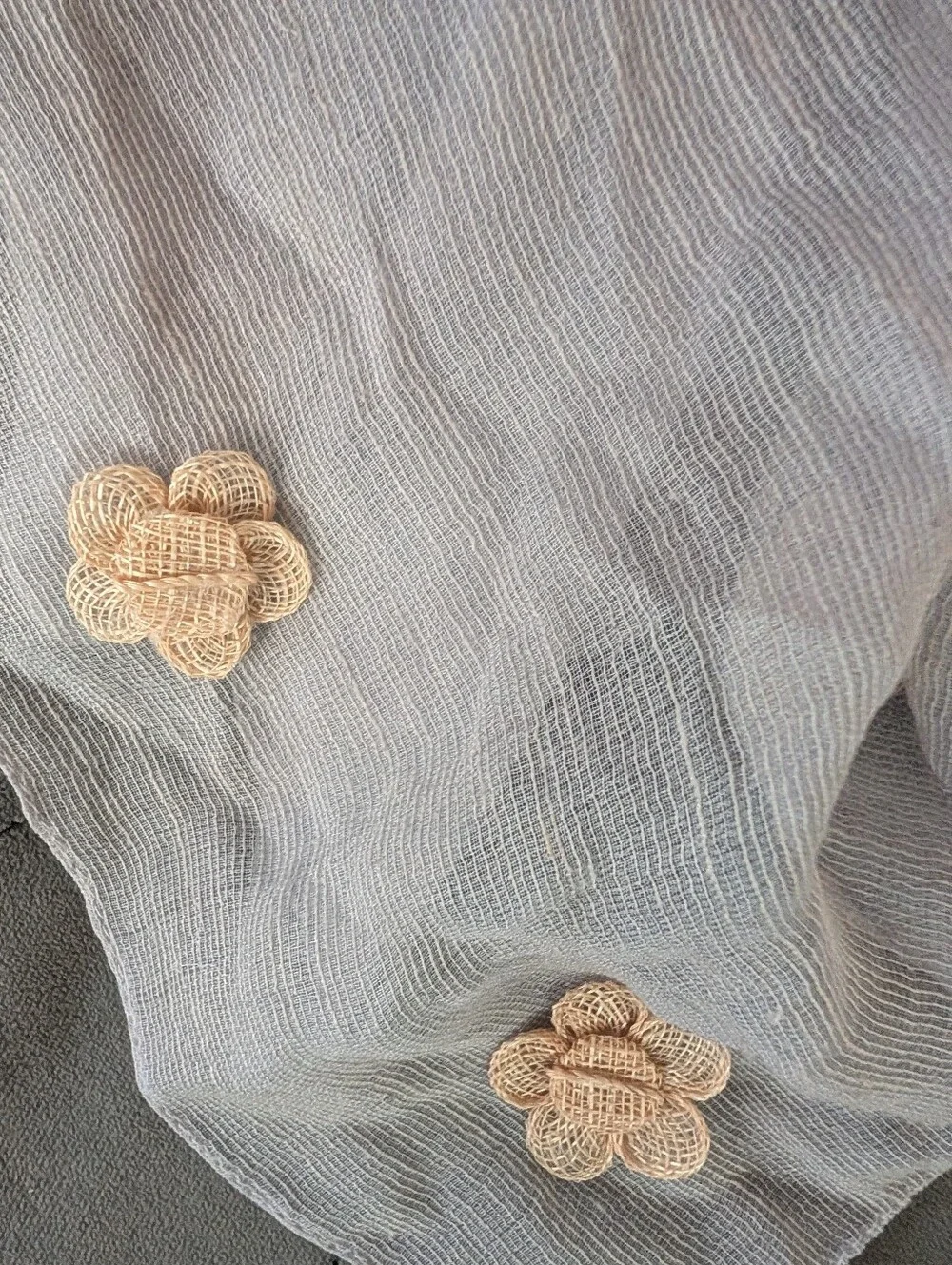 Silk grey scarf w crochet like flowers, made in Italy